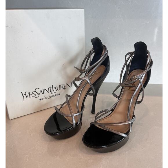 Yves Saint Laurent Rive Gauche Patent Leather Heels Sandals Navy Blue 38.5 YSL - Picture 2 of 16